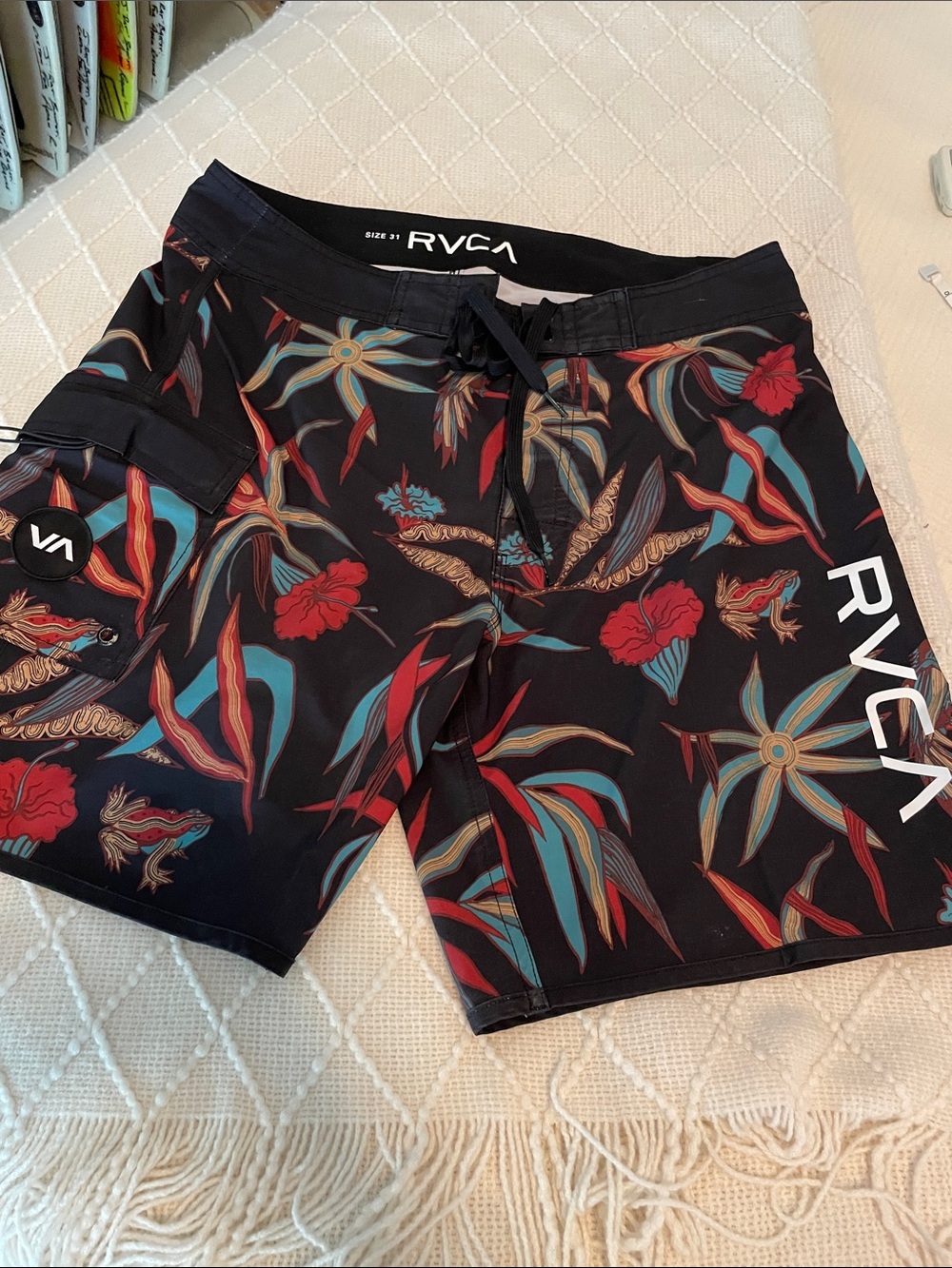 RVCA Board Shorts with Tropical Print 31” waist, 17” length